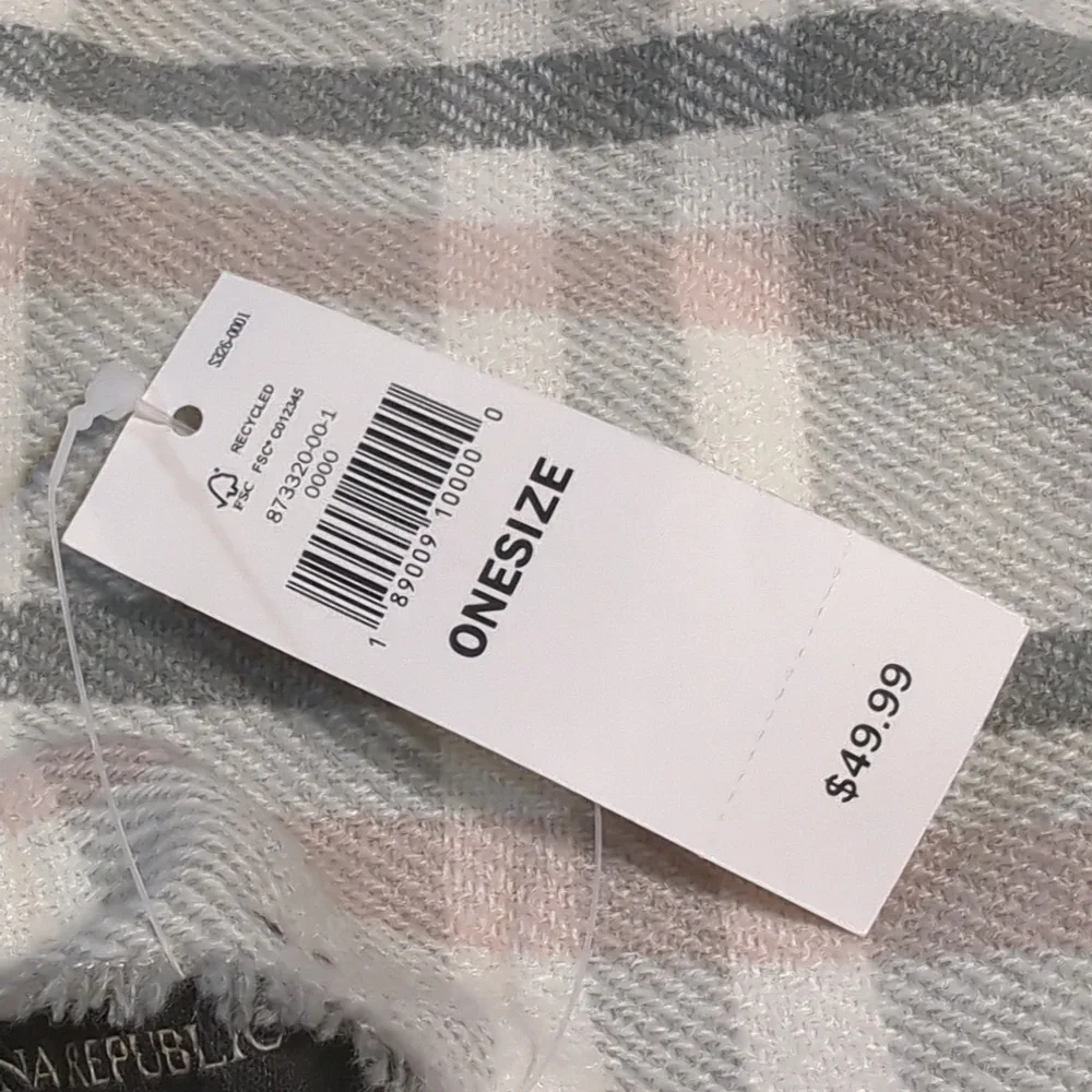 Banana Republic Factory Tartan Gray, White and Pink Plaid Fringe Scarf